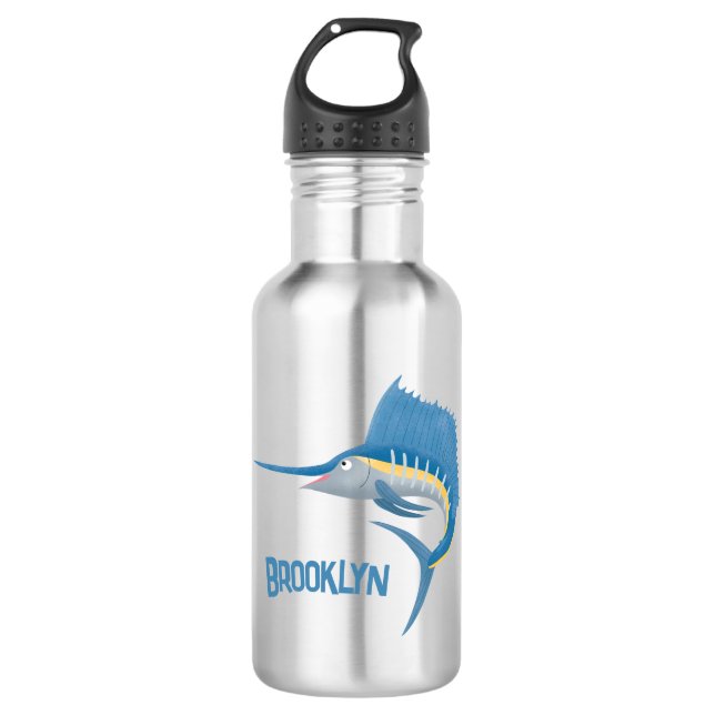 Swordfish sailfish fun cartoon illustration stainless steel water bottle (Front)