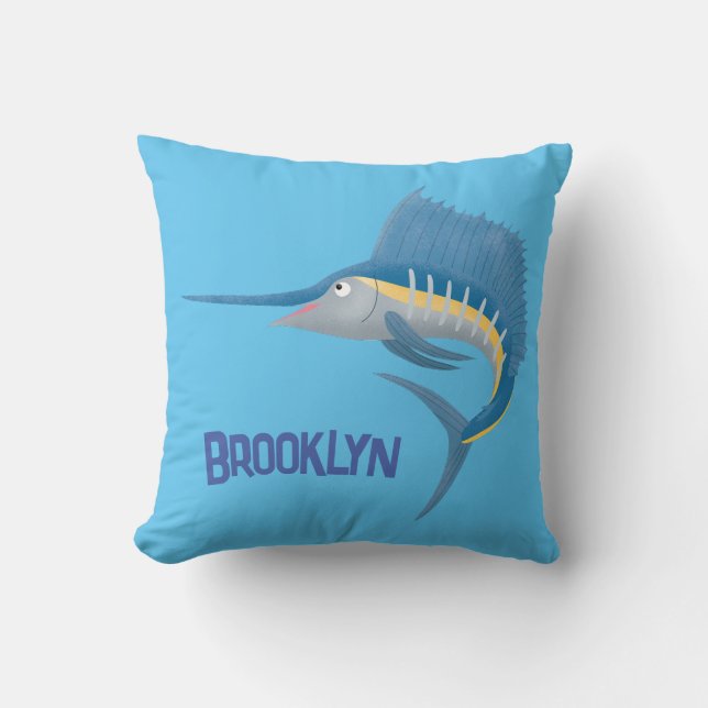 Swordfish sailfish fun cartoon illustration throw pillow (Front)