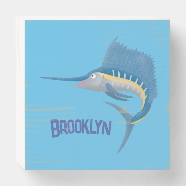 Swordfish sailfish fun cartoon illustration wooden box sign (Front Horizontal)