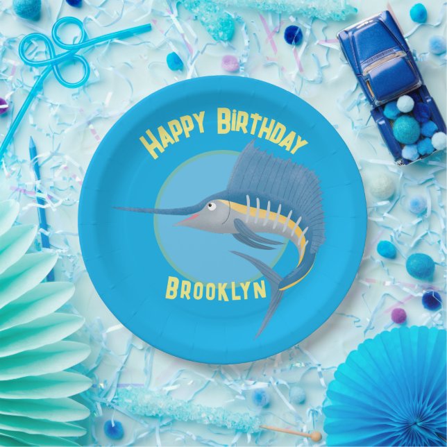 Swordfish sailfish personalized birthday cartoon  paper plates (Party)