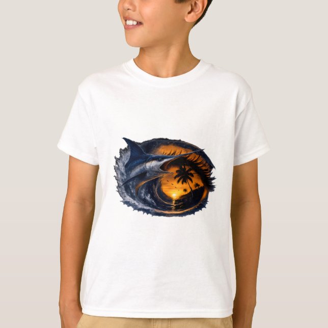 Swordfish Sunset Wave – Surreal Tropical Ocean Art T-Shirt (Front)