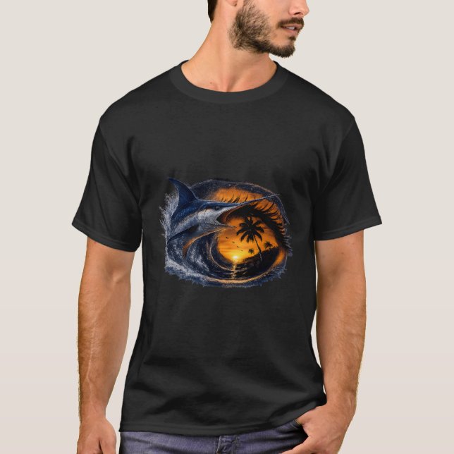 Swordfish Sunset Wave – Surreal Tropical Ocean Art T-Shirt (Front)