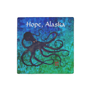 Sybille's Octopus On Blu/Grn, Hope - Marble Magnet