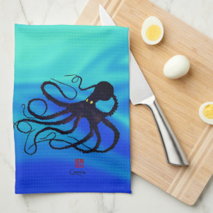 Sybille's Octopus On Blue Green - Kitchen Towel