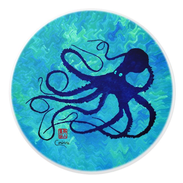 Sybille's Octopus On Blue R - Ceramic Knob (Front)