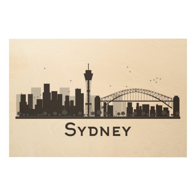 Sydney, Australia | Black & White City Skyline Wood Wall Decor (Front)