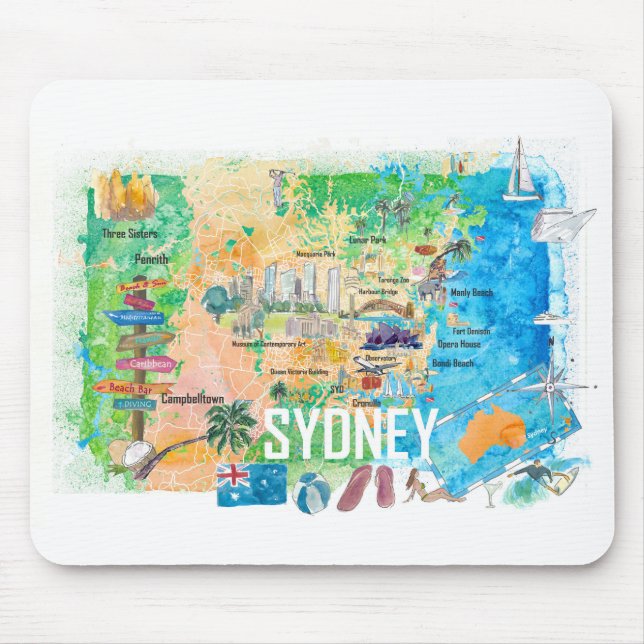 Sydney Australia Illustrated Map with Landmarks Mouse Pad (Front)