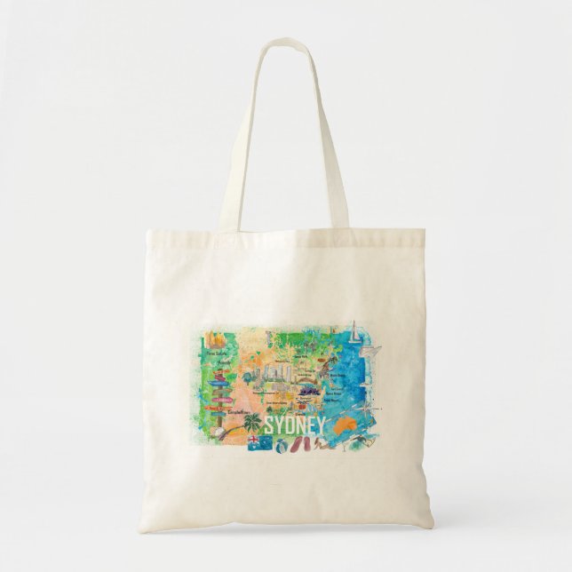 Sydney Australia Illustrated Map with Landmarks Tote Bag (Front)