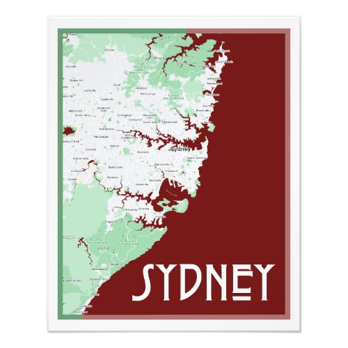 Sydney Australia map green gray red Photo Print