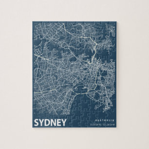 Sydney Australia Minimalist City Map Line Art Blue Jigsaw Puzzle