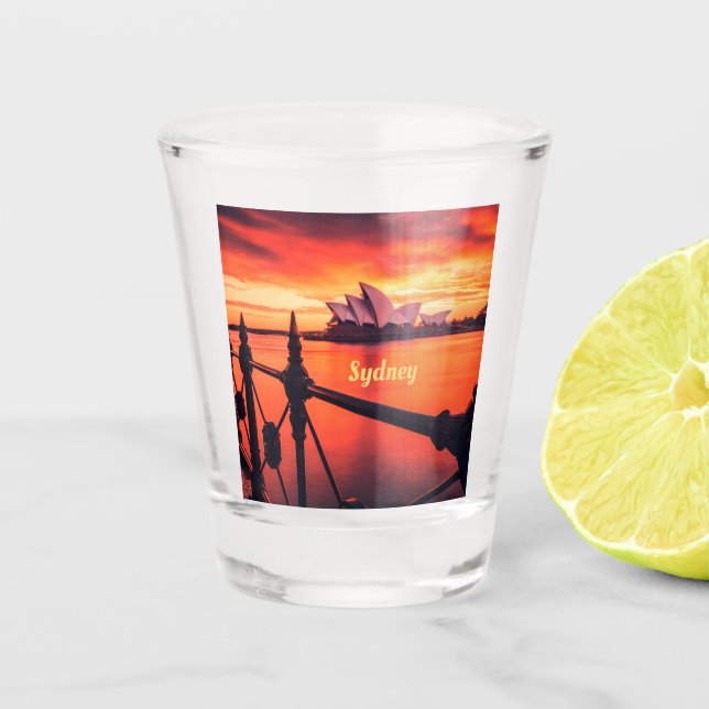 Sydney Australia Opera House Orange Sky Shot Glass (Front)
