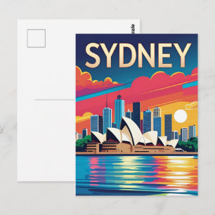 Sydney Australia Skyline Sunset Retro Travel Postcard