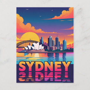Sydney Australia Skyline Sunset Retro Travel Postcard