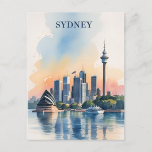 Sydney Australia Skyline watercolor Travel Postcard