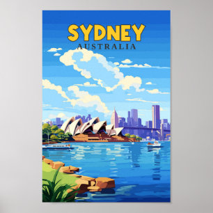 Sydney Australia Travel Art Vintage Illustration Poster