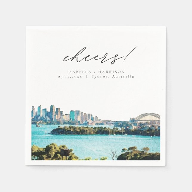 SYDNEY AUSTRALIA Watercolor Beach Skyline Wedding Napkins (Front)