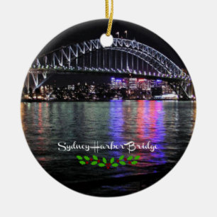 Sydney Harbor Bridge, labeled, Christmas holly Ceramic Ornament