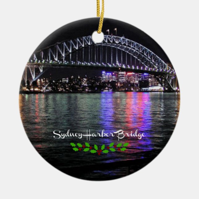 Sydney Harbor Bridge, labeled, Christmas holly Ceramic Ornament (Front)