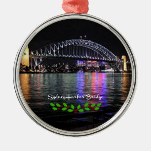 Sydney Harbor Bridge, labeled, Christmas holly Metal Ornament