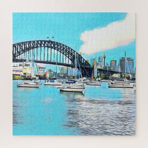 Sydney Harbour Bridge blue sky with yachts Jigsaw Puzzle