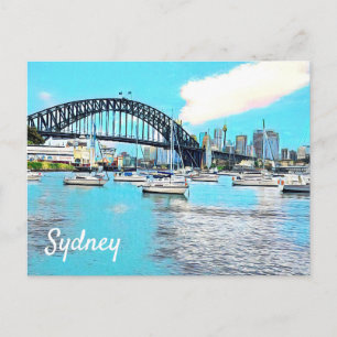 Sydney Harbour Bridge blue sky with yachts Postcard