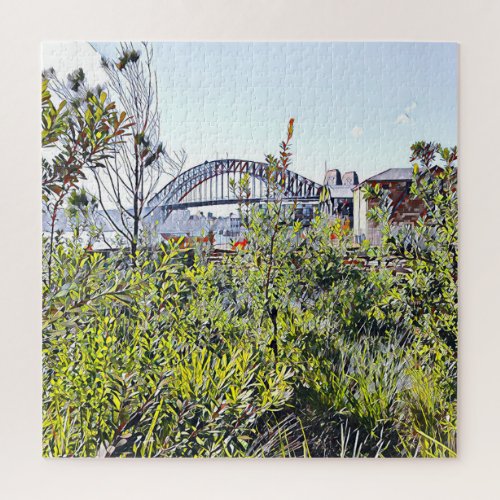 Sydney Harbour Bridge with native plants Jigsaw Puzzle