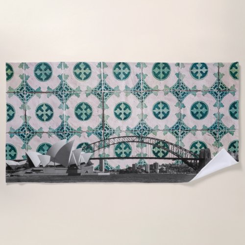 Sydney Harbour Meets Portuguese Tiles Montage Beach Towel