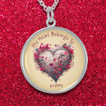 Sylish Pink Botanical My Heart Belongs To Sterling Silver Necklace<br><div class="desc">A stylish,  pink,  floral botanical design in the shape of a heart. Customizable text reading: My Heart Belongs To (add your sweetheart's name).</div>