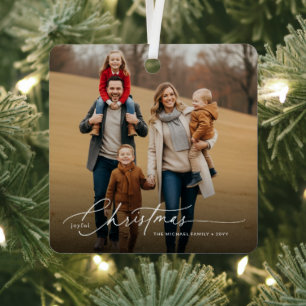 Sylish White Script Christmas Family Photo Name Metal Ornament