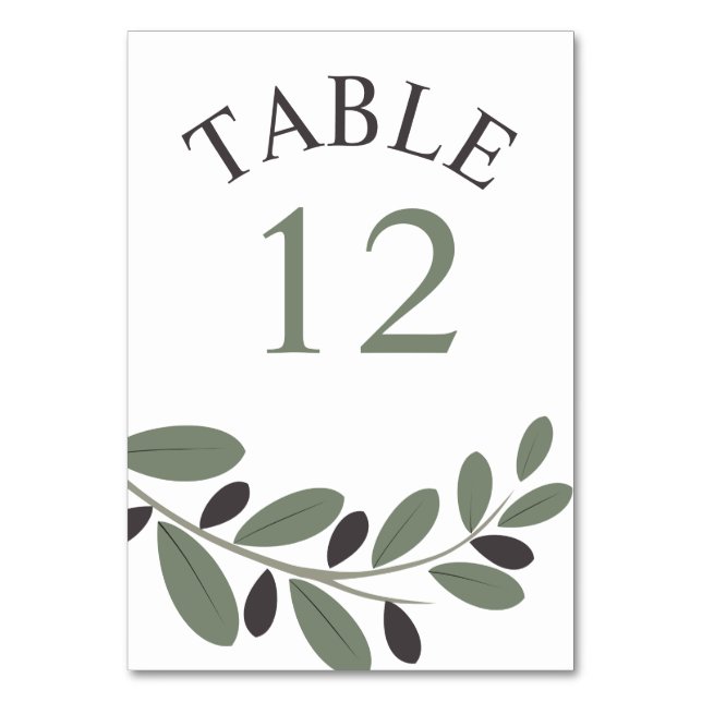 Sylized Olive branch Mediterranean charm wedding Table Number (Front)