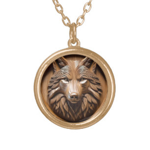 Sylvan Sentinel: The Majestic Wood Wolf Print, Gold Plated Necklace