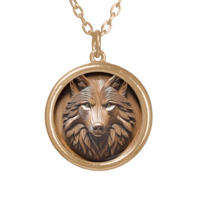 Sylvan Sentinel: The Majestic Wood Wolf Print, Gold Plated Necklace (Front)