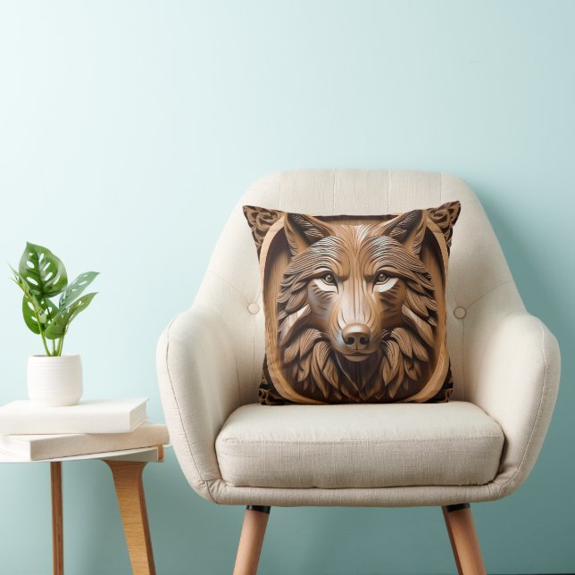 Sylvan Sentinel: The Majestic Wood Wolf Print Throw Pillow (Chair)