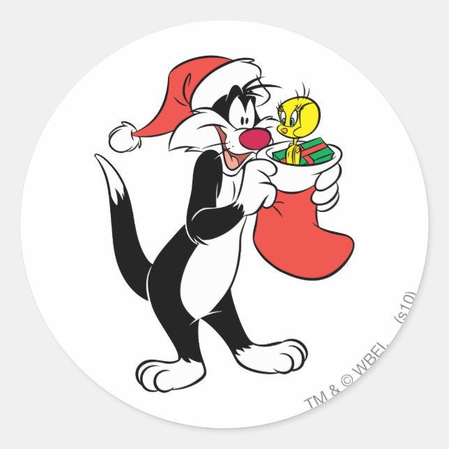 SYLVESTER™ Cat with Stocking Classic Round Sticker (Front)
