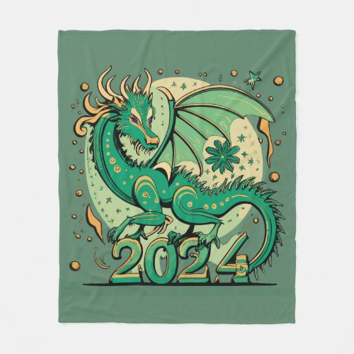 Symbol 2024 New Year Green Wood Dragon  Fleece Blanket
