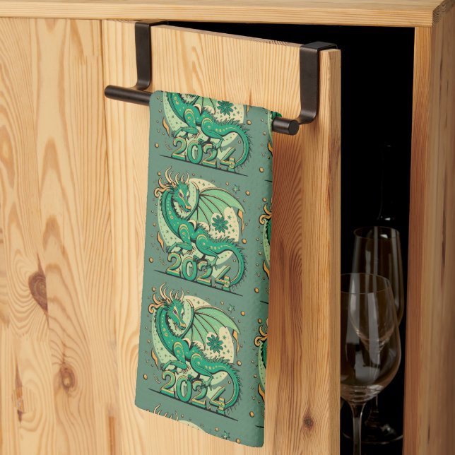 Symbol 2024 New Year, Green Wood Dragon Kitchen Towel (Thirds Fold)
