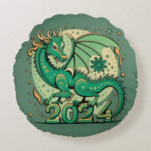 Symbol 2024 New Year, Green Wood Dragon Round Pillow