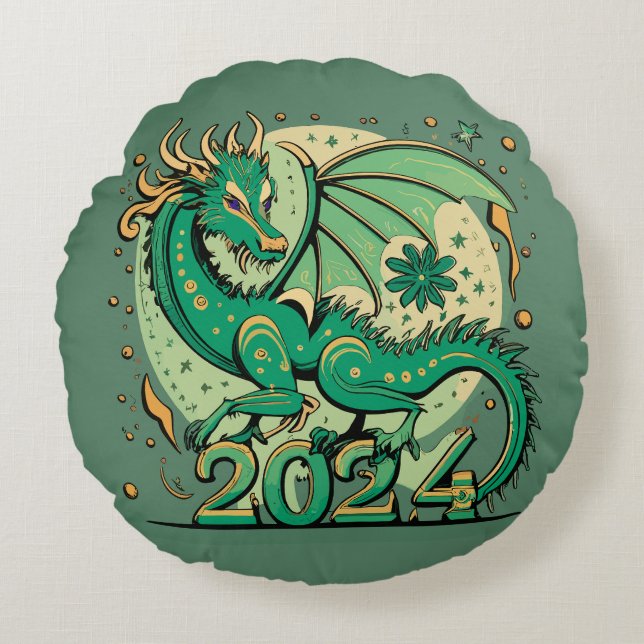 Symbol 2024 New Year, Green Wood Dragon Round Pillow (Front)