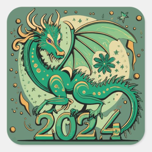 Symbol 2024 New Year Green Wood Dragon  Square Sticker
