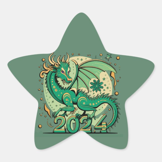 Symbol 2024 New Year, Green Wood Dragon  Star Sticker (Front)
