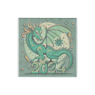 Symbol 2024 New Year, Green Wood Dragon Stone Magnet