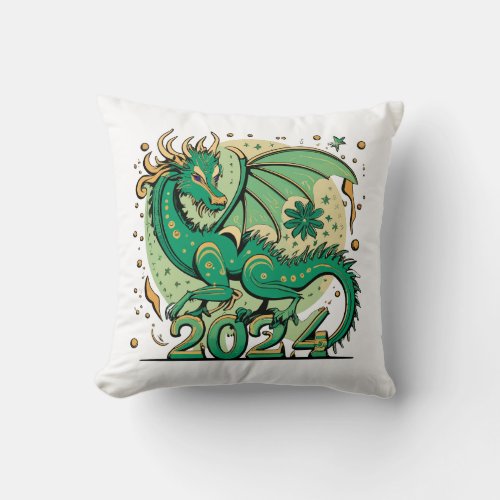 Symbol 2024 New Year Green Wood Dragon  Throw Pillow