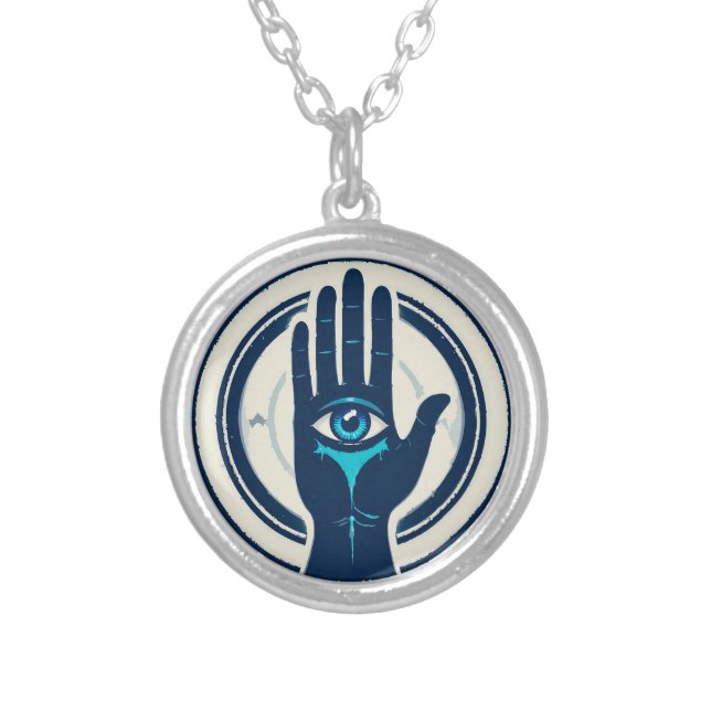 Symbol Featuring Hand with Central Eye Silver Plated Necklace (Front)