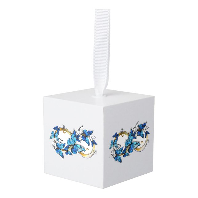 Symbol Infinity of Blue Morpho Butterflies Cube Ornament (Front Angled)