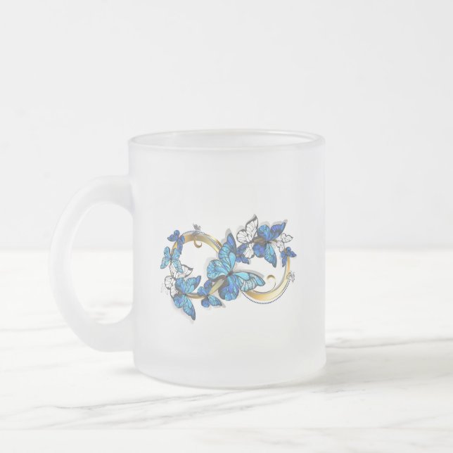 Symbol Infinity of Blue Morpho Butterflies Frosted Glass Coffee Mug (Left)