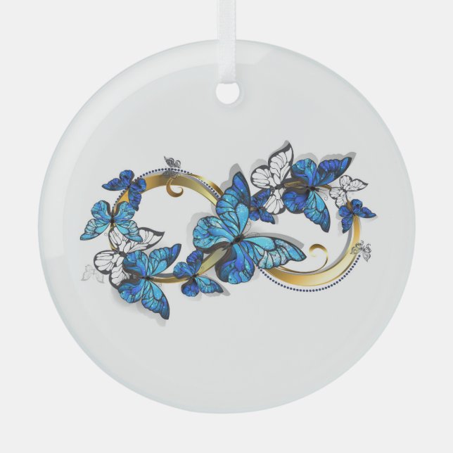 Symbol Infinity of Blue Morpho Butterflies Glass Ornament (Front)
