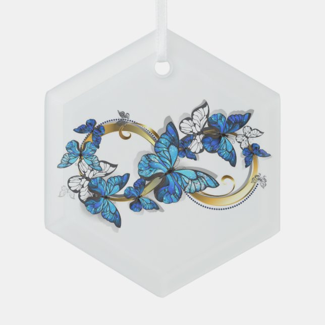 Symbol Infinity of Blue Morpho Butterflies Glass Ornament (Front)