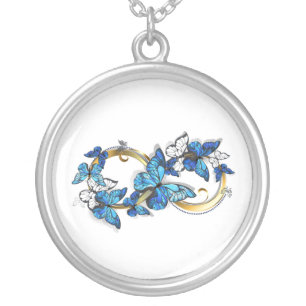 Symbol Infinity of Blue Morpho Butterflies Silver Plated Necklace