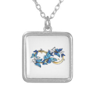 Symbol Infinity of Blue Morpho Butterflies Silver Plated Necklace