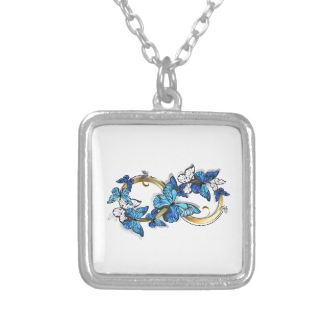 Symbol Infinity of Blue Morpho Butterflies Silver Plated Necklace (Front)